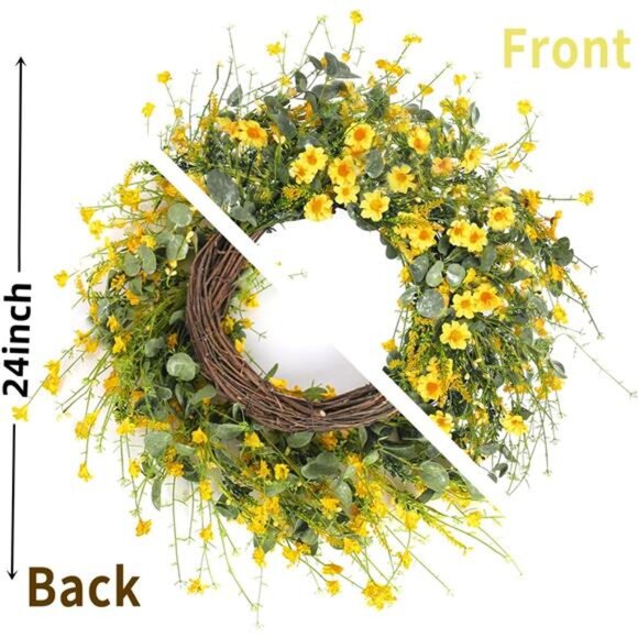 Yellow Daisy Wreath 24 Inch Spring Summer Wreath Fake Silk Floral Wreath - Picture 6 of 7